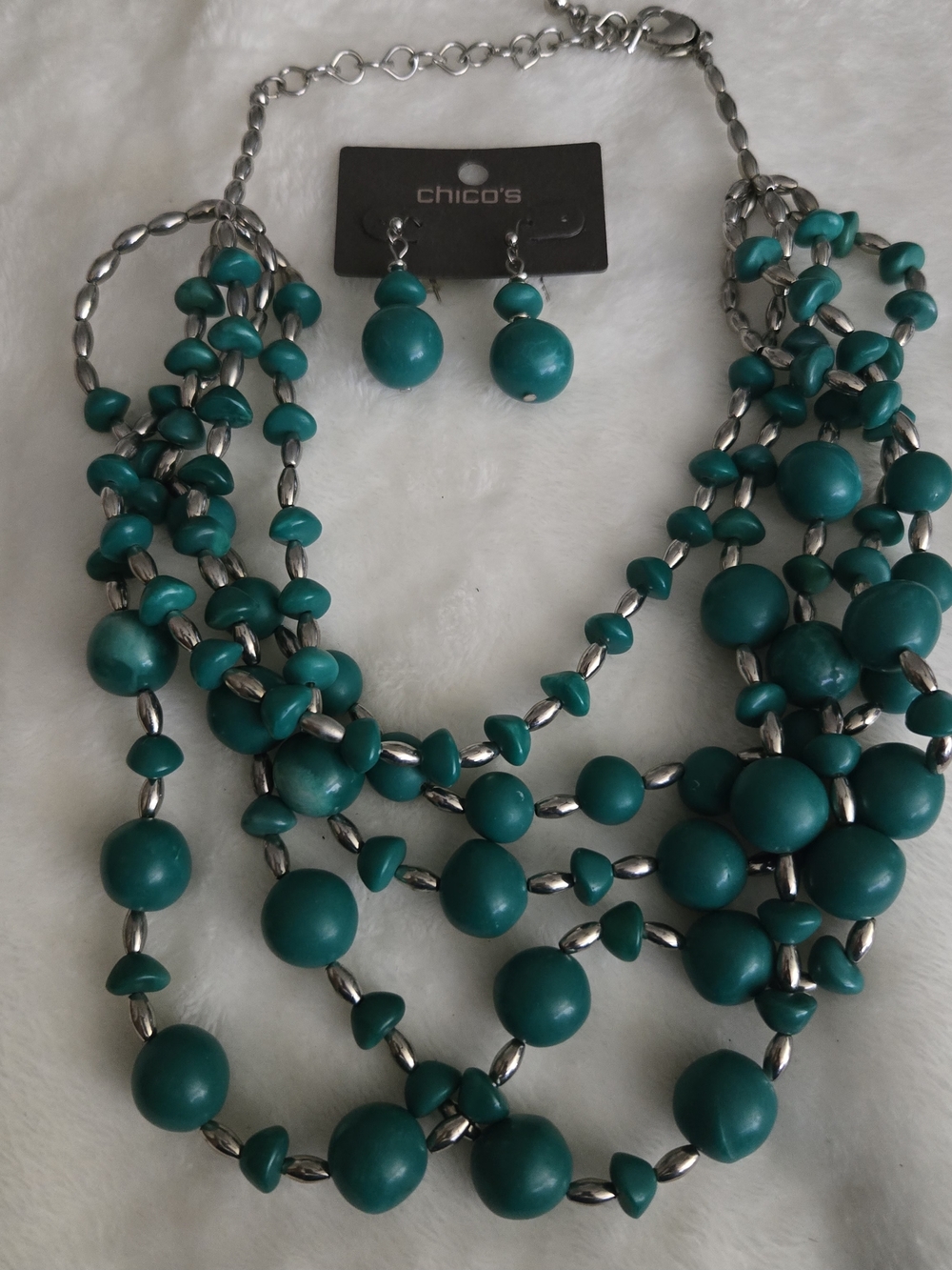 Chico's Teal Multi-Strand Beaded Necklace with Matching Drop Earrings - Picture 4 of 7